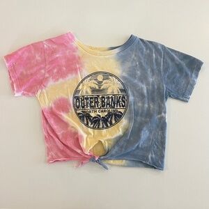 Outer Banks North Carolina Tie Dye Cropped Keyhole Tie Front T-shirt
